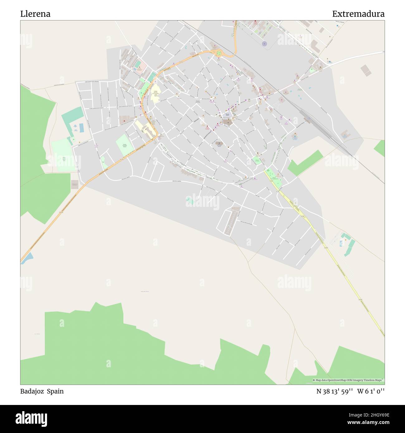 Llerena, Badajoz, Spain, Extremadura, N 38 13' 59'', W 6 1' 0'', map, Timeless Map published in 2021. Travelers, explorers and adventurers like Florence Nightingale, David Livingstone, Ernest Shackleton, Lewis and Clark and Sherlock Holmes relied on maps to plan travels to the world's most remote corners, Timeless Maps is mapping most locations on the globe, showing the achievement of great dreams Stock Photo