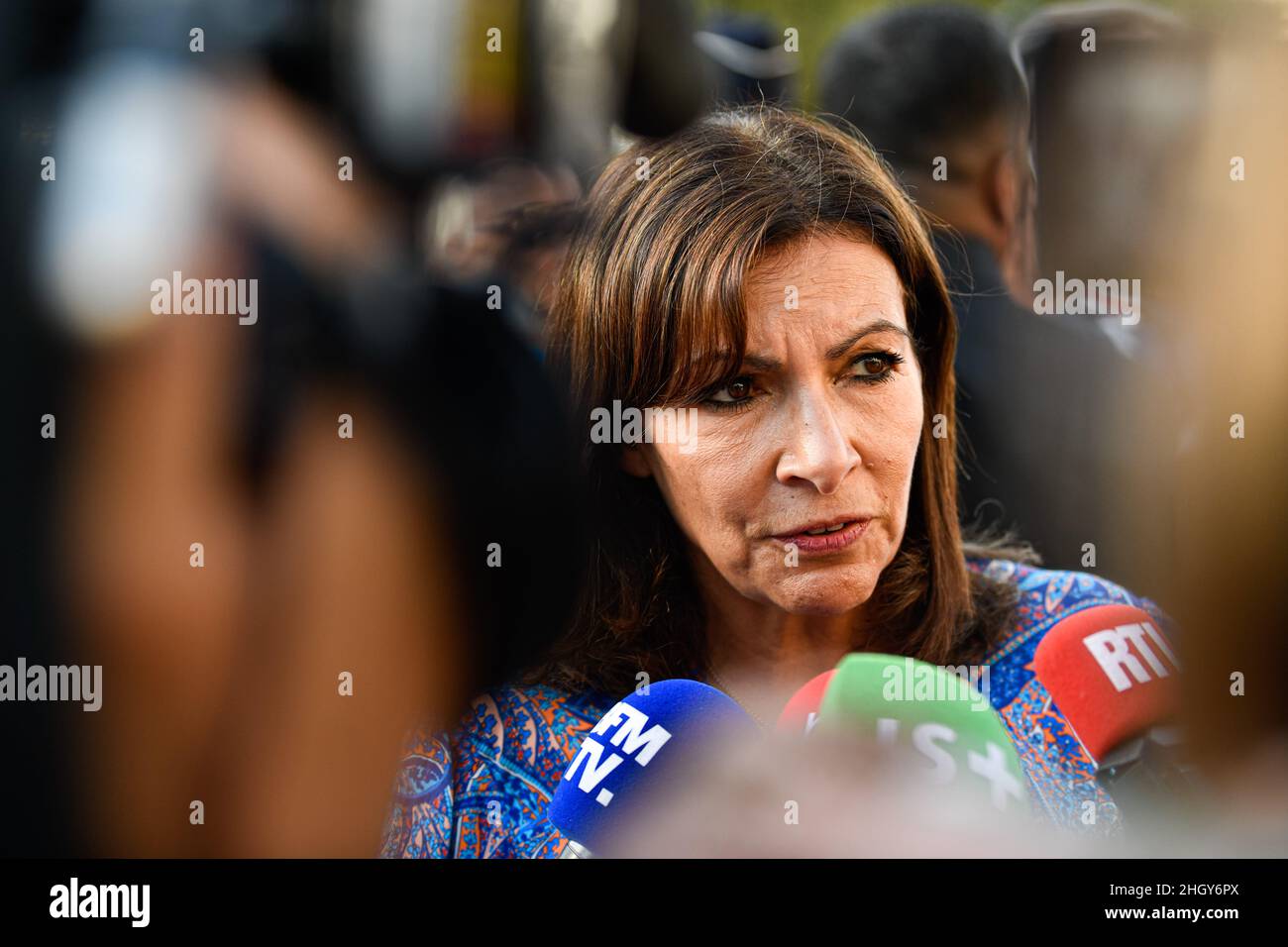 Mayor of Paris Anne Hidalgo interviewed during a ceremony where French team athletes back from Tokyo 2020 Games, Paris, France, on September 6, 2021. Stock Photo