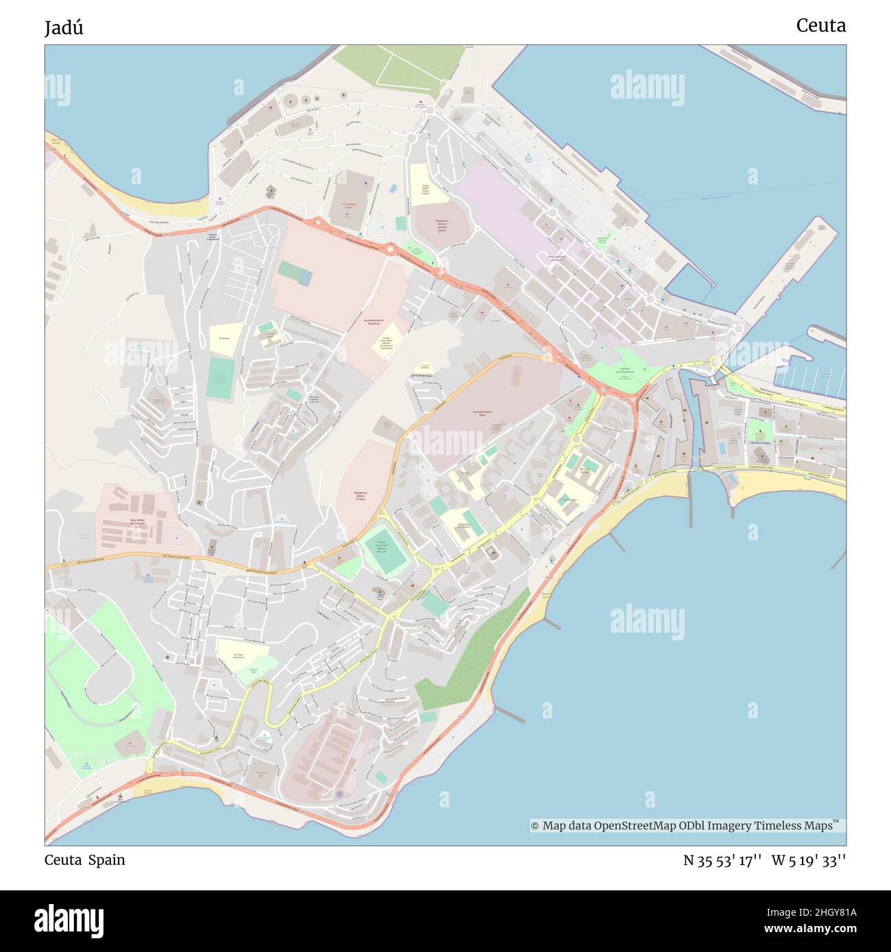 Jadú, Ceuta, Spain, Ceuta, N 35 53' 17'', W 5 19' 33'', map, Timeless Map published in 2021. Travelers, explorers and adventurers like Florence Nightingale, David Livingstone, Ernest Shackleton, Lewis and Clark and Sherlock Holmes relied on maps to plan travels to the world's most remote corners, Timeless Maps is mapping most locations on the globe, showing the achievement of great dreams Stock Photo