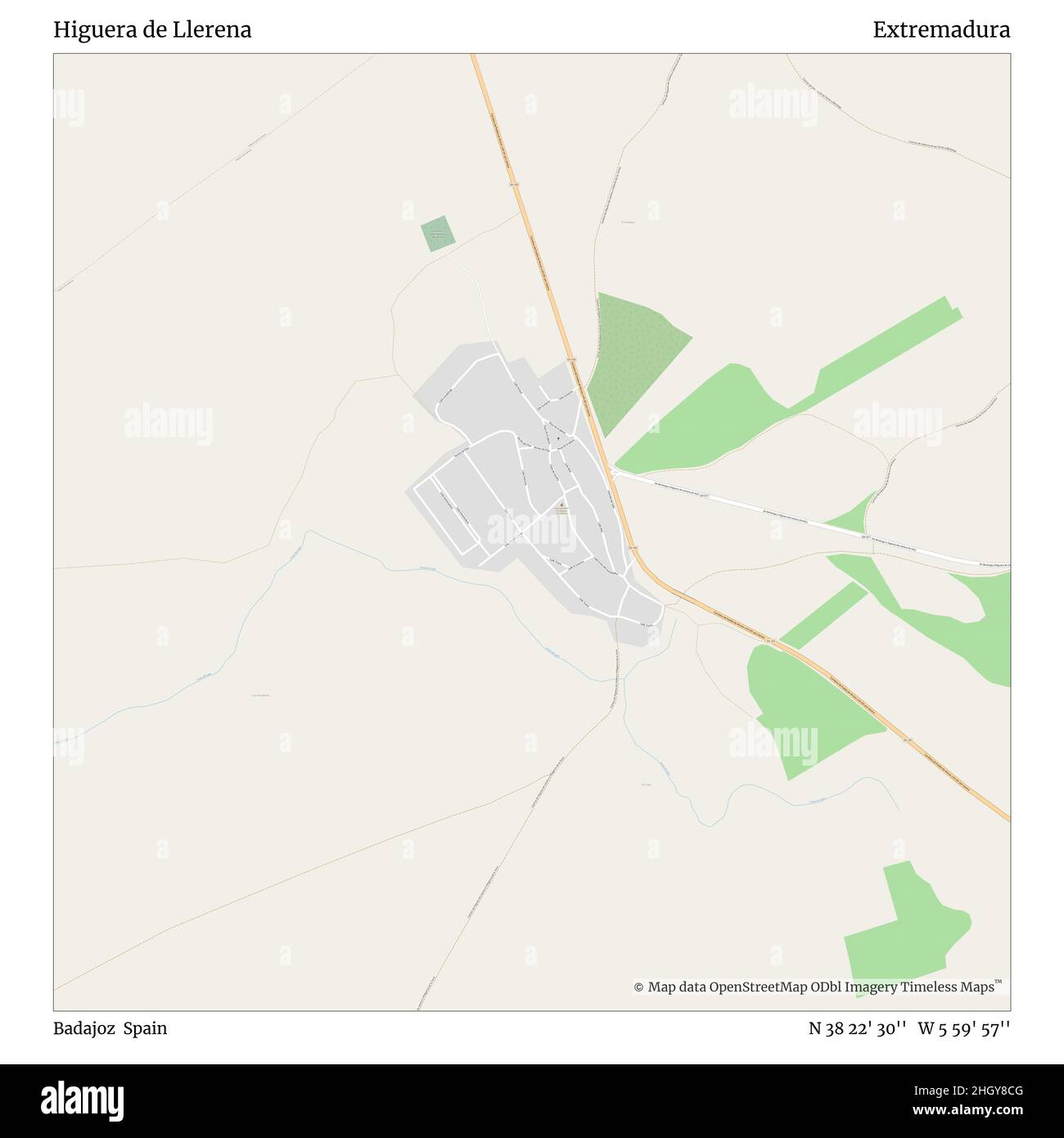 Higuera de Llerena, Badajoz, Spain, Extremadura, N 38 22' 30'', W 5 59' 57'', map, Timeless Map published in 2021. Travelers, explorers and adventurers like Florence Nightingale, David Livingstone, Ernest Shackleton, Lewis and Clark and Sherlock Holmes relied on maps to plan travels to the world's most remote corners, Timeless Maps is mapping most locations on the globe, showing the achievement of great dreams Stock Photo