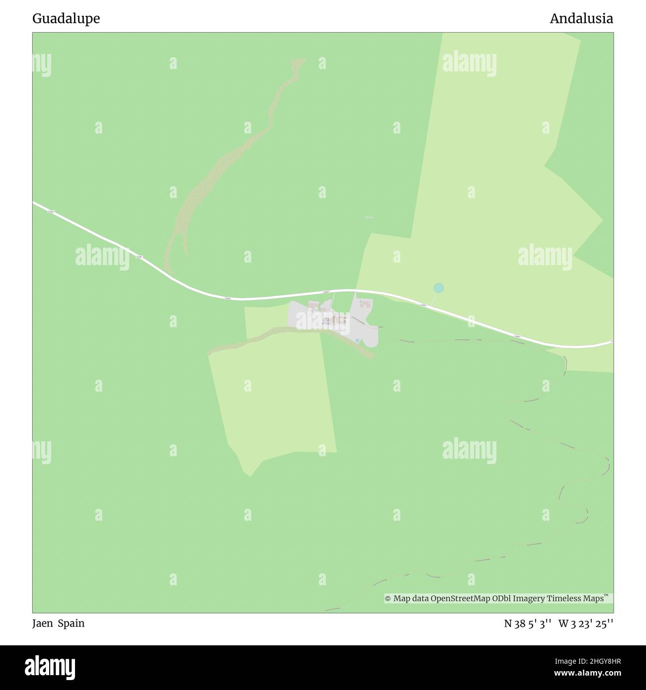 Guadalupe, Jaen, Spain, Andalusia, N 38 5' 3'', W 3 23' 25'', map, Timeless Map published in 2021. Travelers, explorers and adventurers like Florence Nightingale, David Livingstone, Ernest Shackleton, Lewis and Clark and Sherlock Holmes relied on maps to plan travels to the world's most remote corners, Timeless Maps is mapping most locations on the globe, showing the achievement of great dreams Stock Photo