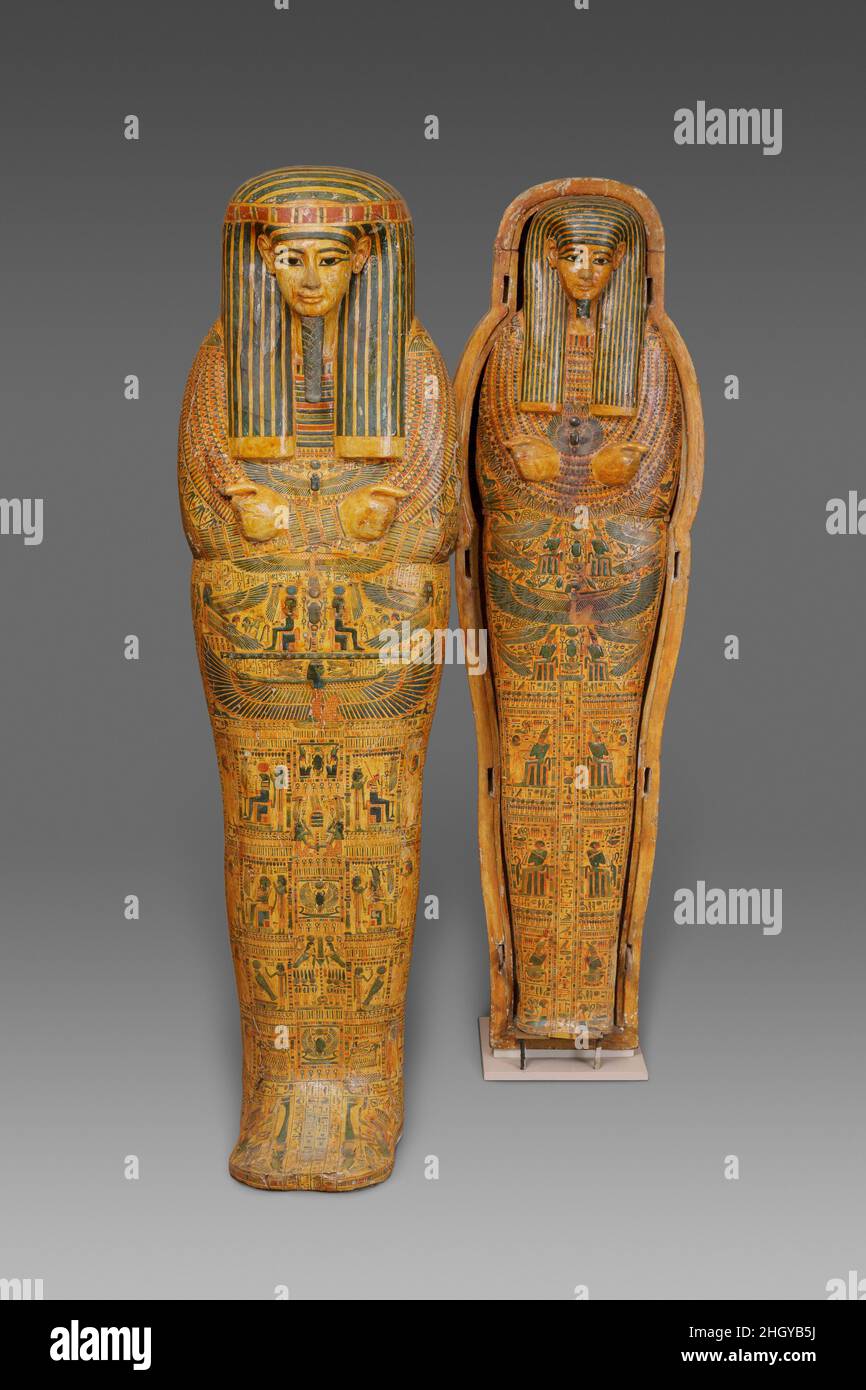 Inner Coffin of Menkheperre (C), usurped from Ahmose ca. 1000–945 B.C. Third Intermediate Period This is the inner of the two nested coffins of the God's Father, Priest of Amun-Re, Menkheperre, son of Fai-Mut (?), that was found in the far left corner of the chamber of Tomb MMA 60. It is similar in shape, style, and decoration to the outer coffin, with the deceased shown in a long striated wig bound by a fillet and the cycle of decoration on the lid and the box similar to that of the outer coffin. A long curled beard is still attached to Menkheperre's chin, indicating that he is divine. The na Stock Photo