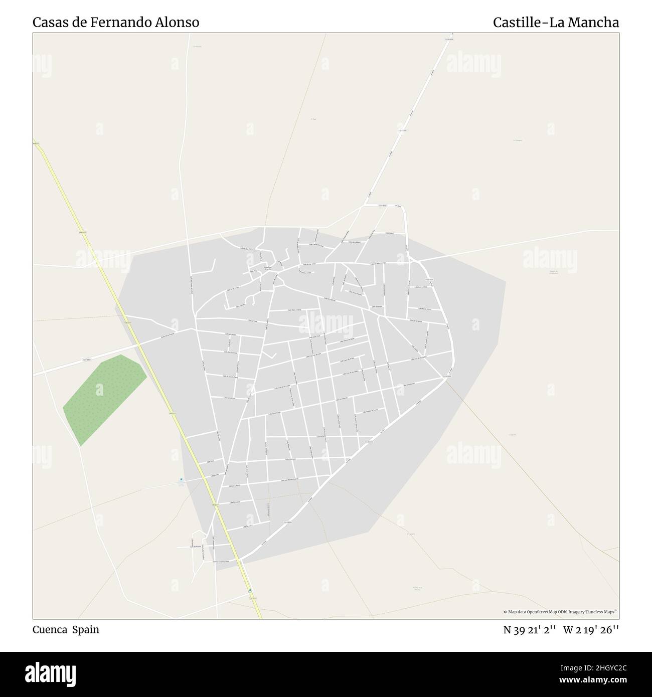 Casas de Fernando Alonso, Cuenca, Spain, Castille-La Mancha, N 39 21' 2'', W 2 19' 26'', map, Timeless Map published in 2021. Travelers, explorers and adventurers like Florence Nightingale, David Livingstone, Ernest Shackleton, Lewis and Clark and Sherlock Holmes relied on maps to plan travels to the world's most remote corners, Timeless Maps is mapping most locations on the globe, showing the achievement of great dreams Stock Photo