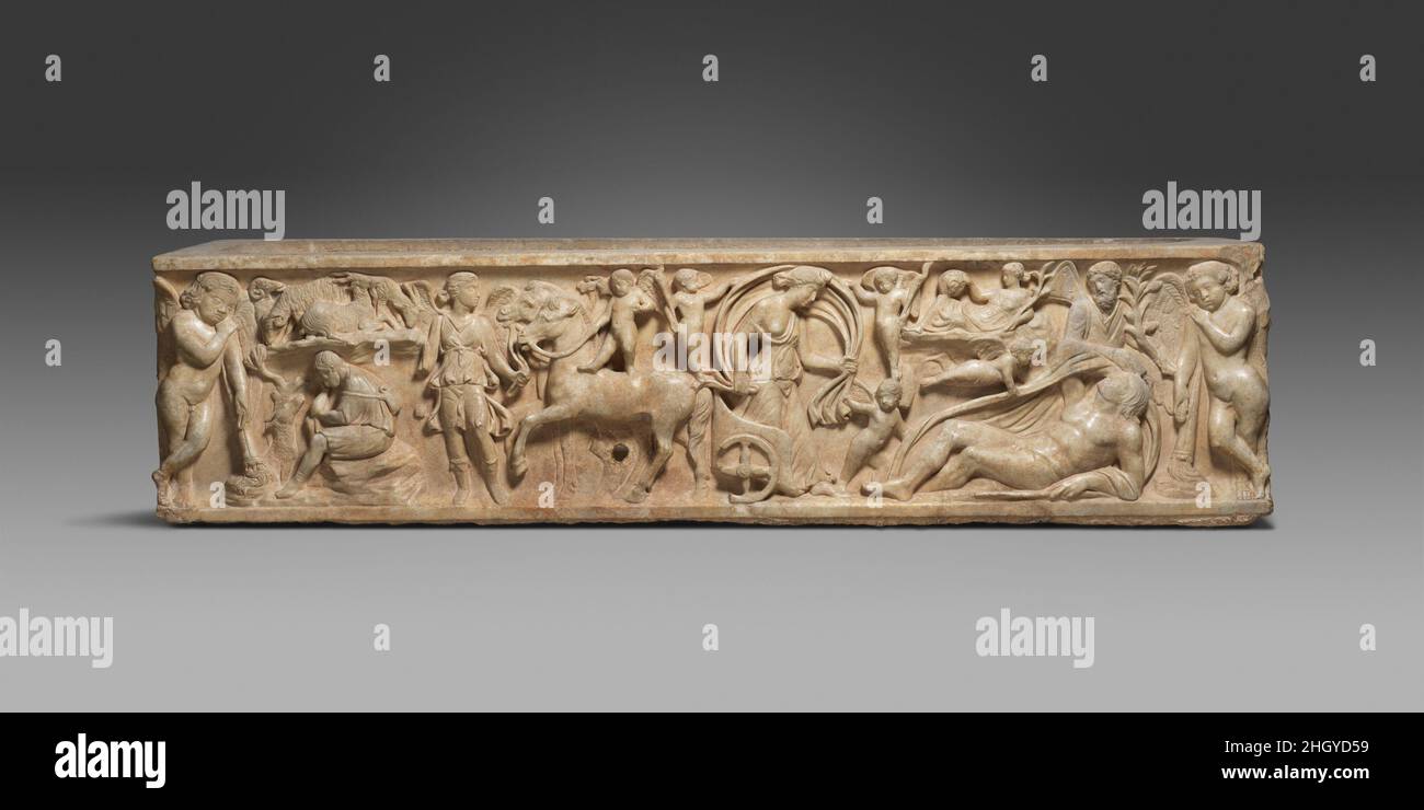Marble sarcophagus with the myth of Endymion mid-2nd century A.D. Roman Found on the Via Ardeatina, on the outskirts of RomeThe myth of Endymion, a beautiful shepherd who was so loved by the moon goddess Selene that she gave him eternal youth with eternal sleep, became a popular funerary motif in Roman art. Here, the moon goddess alights from her chariot to visit her reclining lover. Both this sarcophagus and another that faces the open area with a fountain in the courtyard, are decorated with this subject. It isinteresting to compare the relief technique; on this mid-second century A.D. work, Stock Photo