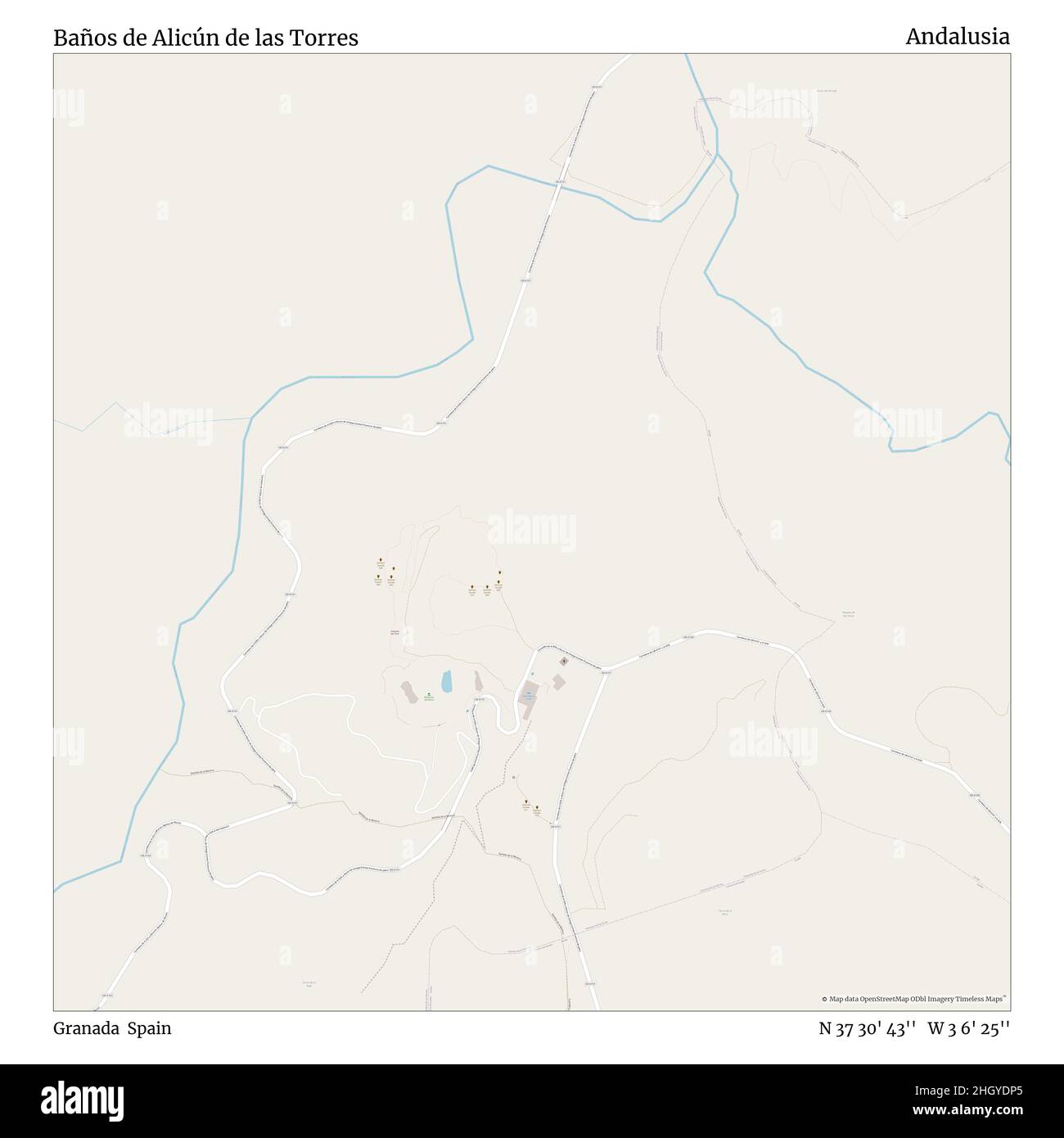 Baños de Alicún de las Torres, Granada, Spain, Andalusia, N 37 30' 43'', W 3 6' 25'', map, Timeless Map published in 2021. Travelers, explorers and adventurers like Florence Nightingale, David Livingstone, Ernest Shackleton, Lewis and Clark and Sherlock Holmes relied on maps to plan travels to the world's most remote corners, Timeless Maps is mapping most locations on the globe, showing the achievement of great dreams Stock Photo