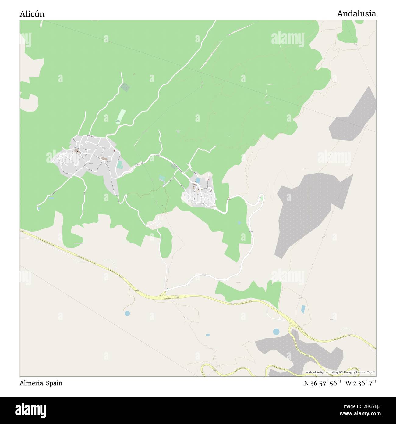 Alicún, Almeria, Spain, Andalusia, N 36 57' 56'', W 2 36' 7'', map, Timeless Map published in 2021. Travelers, explorers and adventurers like Florence Nightingale, David Livingstone, Ernest Shackleton, Lewis and Clark and Sherlock Holmes relied on maps to plan travels to the world's most remote corners, Timeless Maps is mapping most locations on the globe, showing the achievement of great dreams Stock Photo