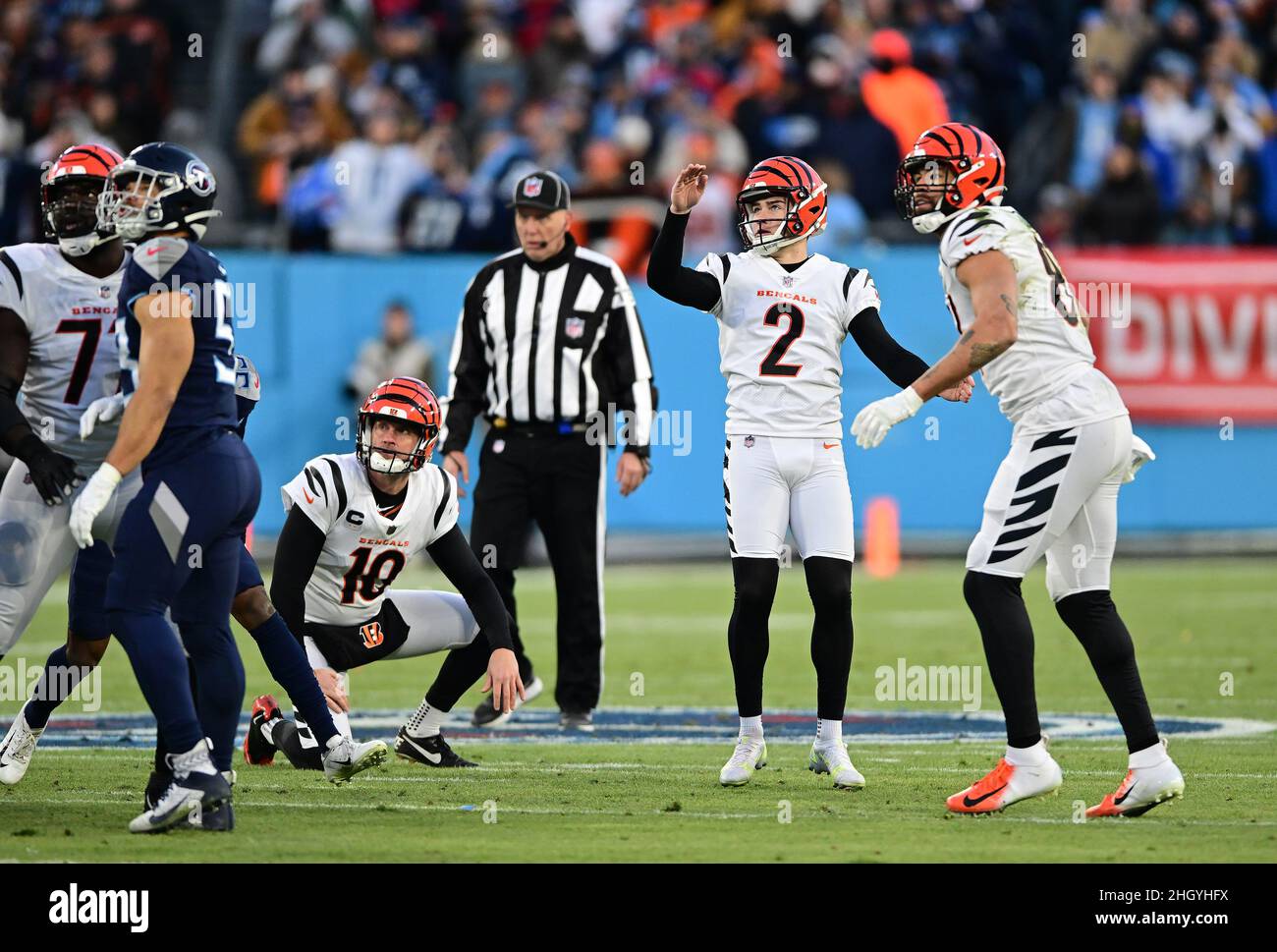 Cincinnati Bengals kicker Evan McPherson (2) kicks the ball during