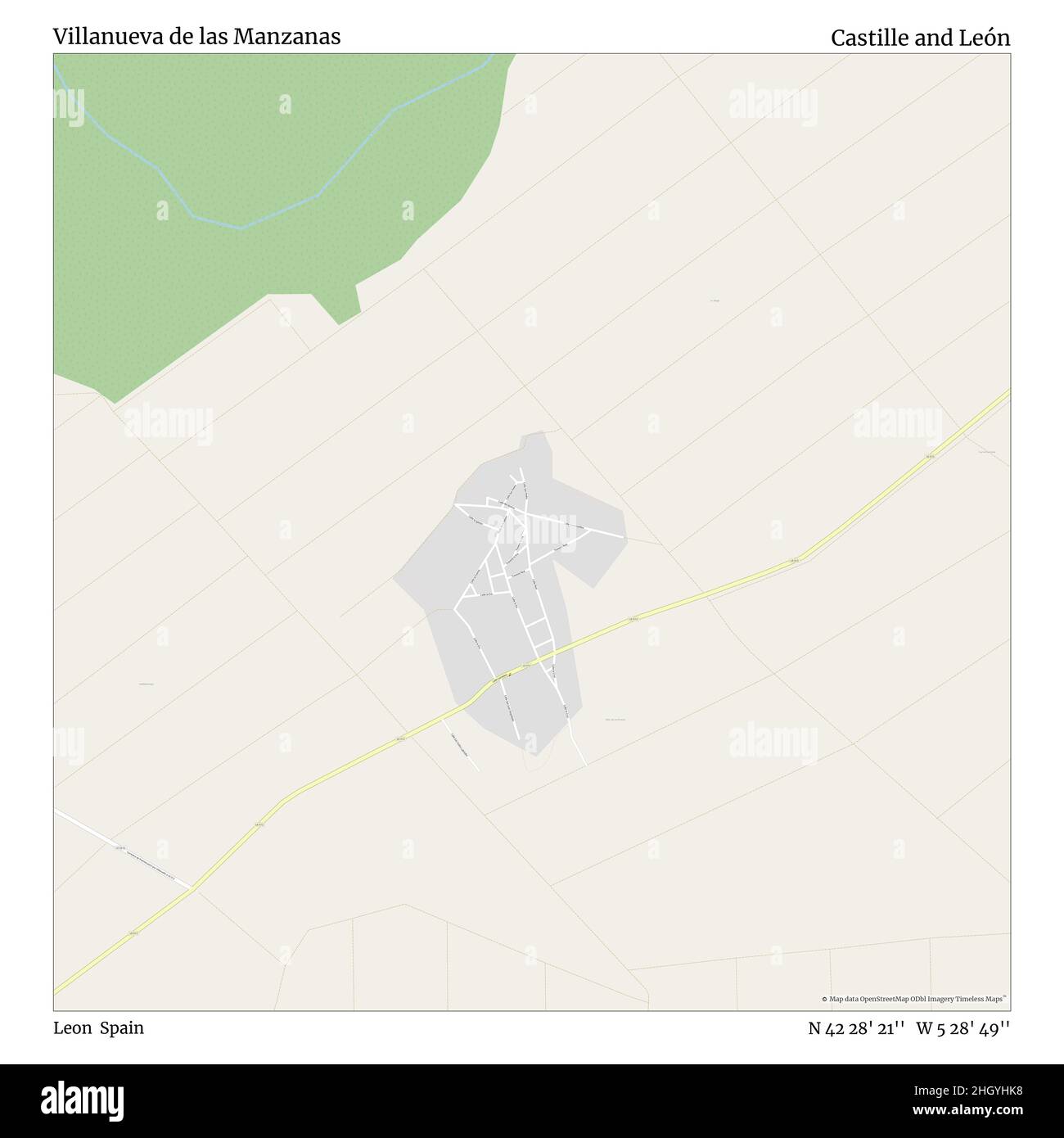 Villanueva de las Manzanas, Leon, Spain, Castille and León, N 42 28' 21'', W 5 28' 49'', map, Timeless Map published in 2021. Travelers, explorers and adventurers like Florence Nightingale, David Livingstone, Ernest Shackleton, Lewis and Clark and Sherlock Holmes relied on maps to plan travels to the world's most remote corners, Timeless Maps is mapping most locations on the globe, showing the achievement of great dreams Stock Photo