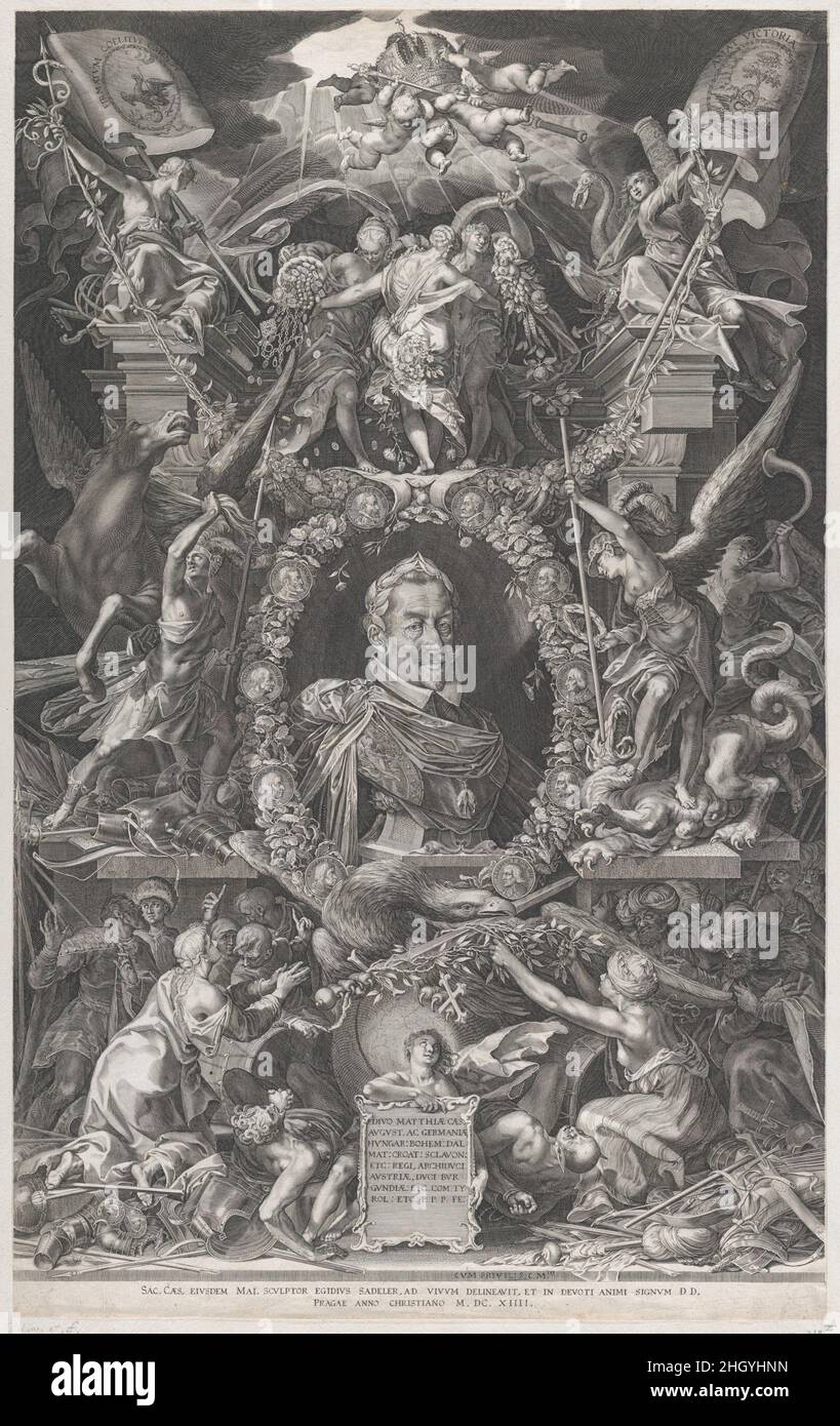 Emperor Matthias 1614 Aegidius Sadeler II Netherlandish During his career as imperial engraver, Sadeler portrayed three emperors. In this richly decorated composition, he has taken the extravagant mannerist, allegorical ornamentation seen in his earlier portrait of Rudolf II (exhibited nearby) to a new extreme. In the upper section, the Three Graces tilt cornucopias to shower the emperor with flowers and gold. To the left of the emperor Mercury tames Pegasus, and on the right Minerva slays the dragon of heresy. Matthias’s head has been depicted naturalistically but he is presented on a pedesta Stock Photo