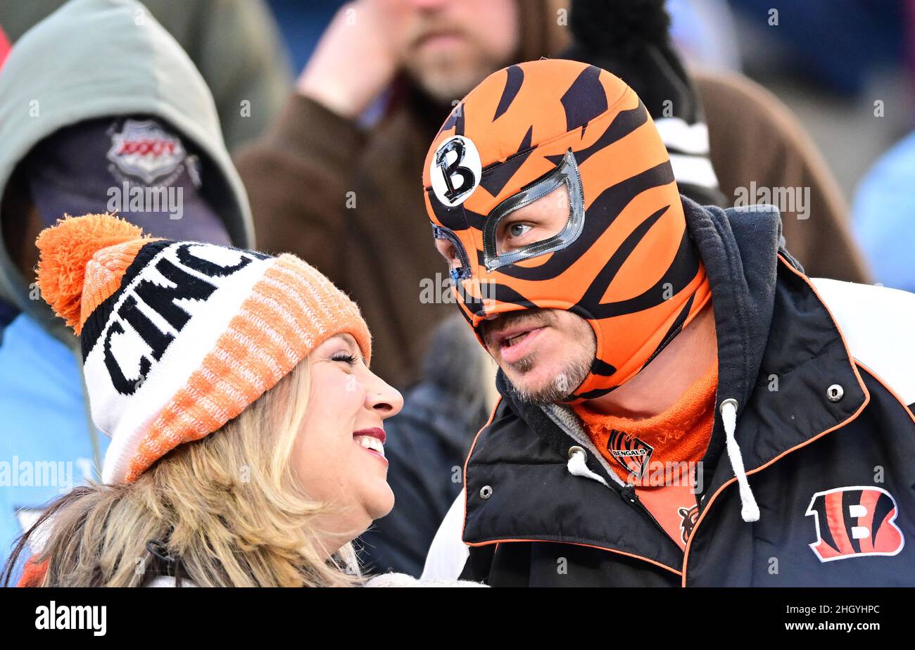 Nashville, United States. 22nd Jan, 2022. Cincinnati Bengals fans watch during the first half of an NFL Divisional Playoff game against the Tennessee Titans at Nissan Stadium in Nashville, Tennessee, on Saturday, January 22, 2022. Photo by David Tulis/UPI Credit: UPI/Alamy Live News Stock Photo