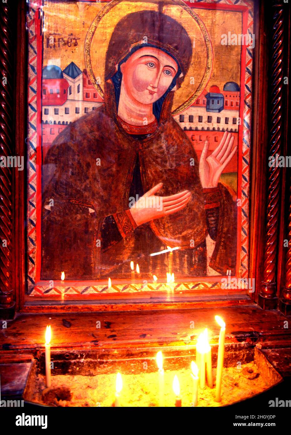 Icon of the Virgin Mary in St Sergius Coptic Christian church, Abu Serga, dates from the fourth century, Cairo Egypt Stock Photo