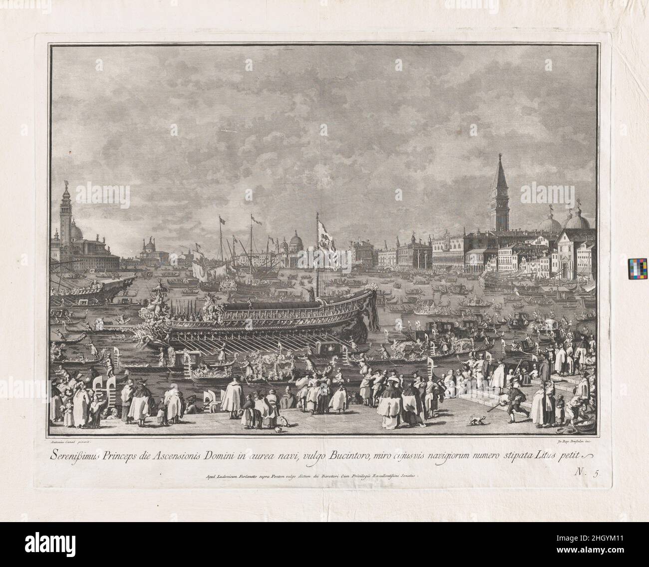 Plate 5: The Doge in the Bucintoro Departing for the Porto di Lido on Ascension Day, from 'Ducal Ceremonies and Festivals' (Le Feste Ducali) ca. 1766 Giovanni Battista Brustolon Italian The main feature of this print is the state barge (bucintoro) that was used annually on Ascension Day to transport the doge to a ceremony that symbolically wedded Venice to the Adriatic Sea. The vessel was 120 feet long and 26 feet high. The doge’s throne was in the stern, and at the prow was a figure holding scales representing Justice. The larger print shown adjacent to this one demonstrates the opulence of t Stock Photo