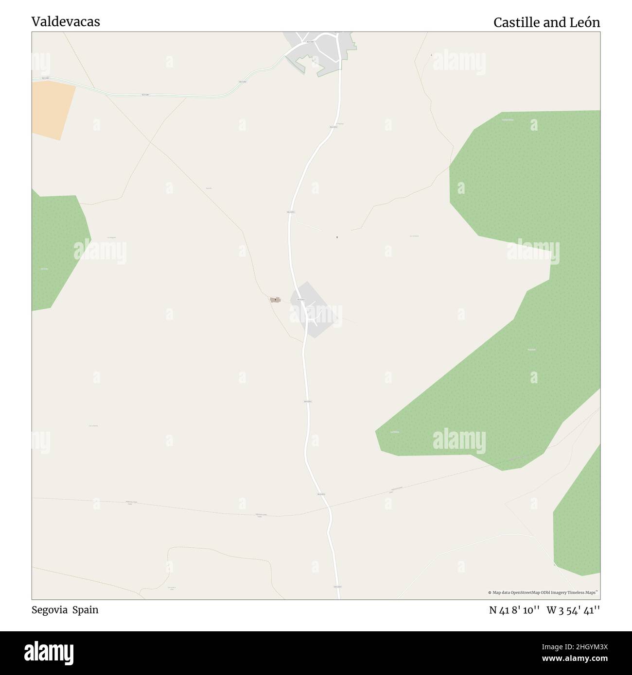 Valdevacas, Segovia, Spain, Castille and León, N 41 8' 10'', W 3 54' 41'', map, Timeless Map published in 2021. Travelers, explorers and adventurers like Florence Nightingale, David Livingstone, Ernest Shackleton, Lewis and Clark and Sherlock Holmes relied on maps to plan travels to the world's most remote corners, Timeless Maps is mapping most locations on the globe, showing the achievement of great dreams Stock Photo