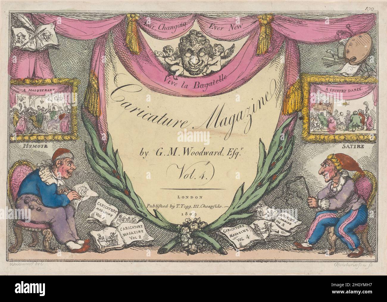Title Page, The Caricature Magazine by G. M. Woodward, Vol. 4 1809 Thomas Rowlandson Tegg's 'Caricature Magazine' first appeared in 1807 and each issue was given a different title page. This example introduced volume 4 in 1809; it would be put to use again in 1821 with a revised date and different hand coloring (see 59.533.1716). Two figures below may represent the artist Woodward and Tegg, with the man at left sketching a caricature and sitting below a framed image of a Masquerade and the word Humour; that at right holding a whip and sitting beneath a picture of a Country Dance and the word S Stock Photo