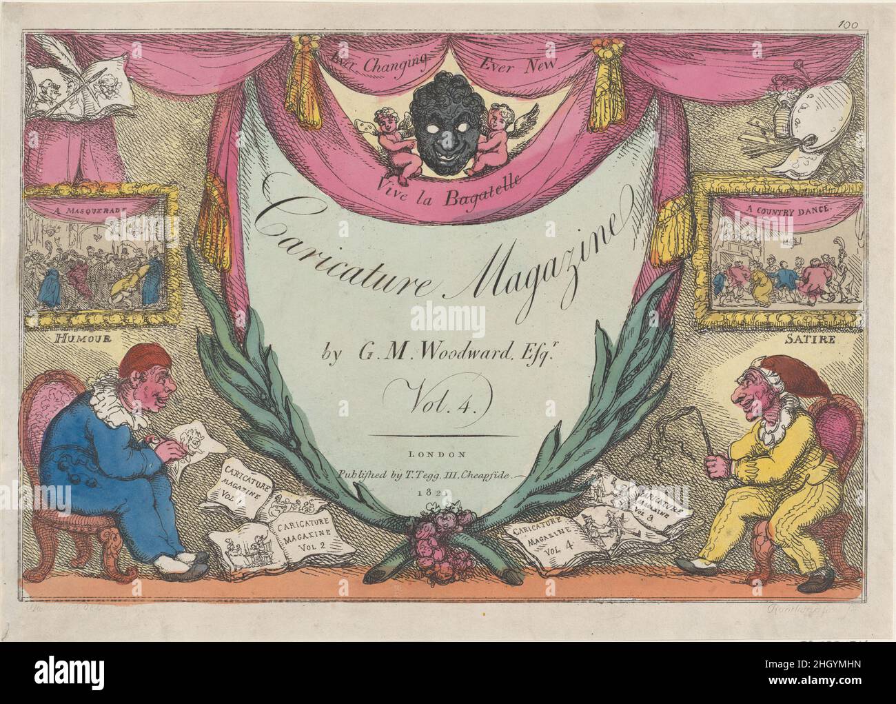Title Page, The Caricature Magazine by G. M. Woodward, vol. 4 1821 Thomas Rowlandson Tegg's 'Caricature Magazine' first appeared in 1807 and each issue was given a different title page. This example reused a plate created in 1809, altered the text and the hand coloring (see 59.533.1224 for the earlier version). Two figures below may represent the artist Woodward and Tegg, with the man at left sketching a caricature and sitting below a framed image of a Masquerade and the word Humour; that at right holding a whip and sitting beneath a picture of a Country Dance and the word Satire. Laurels fram Stock Photo