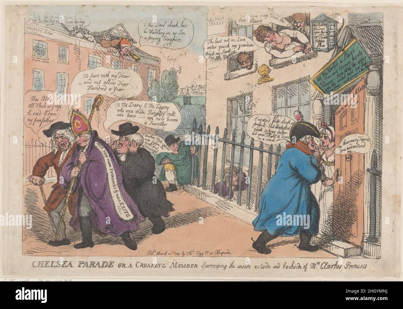 Chelsea Parade or a Croaking Member Surveying The Inside Outside and Backside of Mrs Clarke's Premises March 4, 1809 Thomas Rowlandson. Chelsea Parade or a Croaking Member Surveying The Inside Outside and Backside of Mrs Clarke's Premises. Thomas Rowlandson (British, London 1757–1827 London). March 4, 1809. Hand-colored etching. Thomas Tegg (British, 1776–1846). Prints Stock Photo