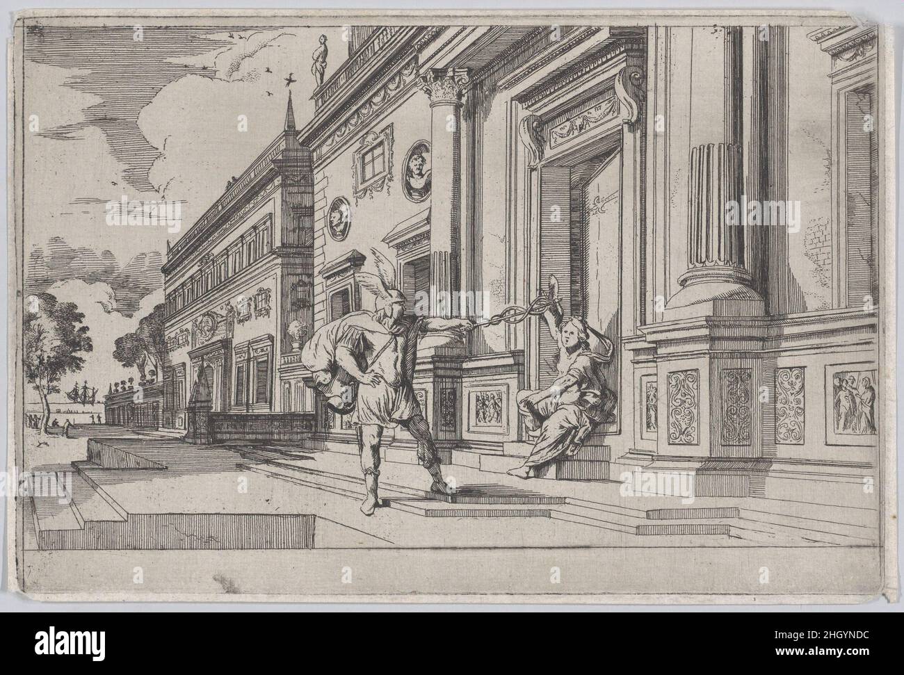 Plate 24: Mercury and Aglauros, from 'Ovid's Metamorphoses' 1641 Johann Wilhelm Baur. Plate 24: Mercury and Aglauros, from 'Ovid's Metamorphoses'. 'Ovid's Metamorphoses'. Johann Wilhelm Baur (German, Strasbourg 1607–1642 Vienna). 1641. Etching. Prints Stock Photo