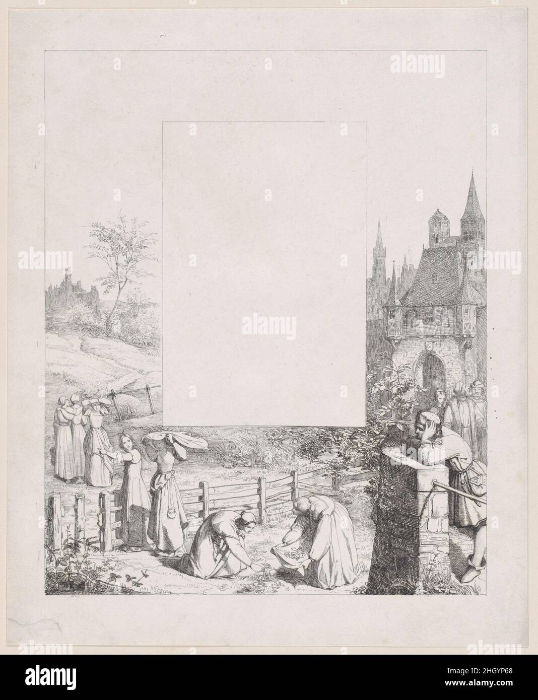 Plate 5: women collecting plants and carrying them over their heads, a male onlooker at right and a castle at right in the background, from "Lieder eines Malers mit Randzeichnungen seiner Freunde" 1836 Eduard Julius Friedrich Bendemann. Plate 5: women collecting plants and carrying them over their heads, a male onlooker at right and a castle at right in the background, from "Lieder eines Malers mit Randzeichnungen seiner Freunde". Lieder eines Malers mit Randzeichnungen seiner Freunde. Eduard Julius Friedrich Bendemann (German, Berlin 1811–1889 Düsseldorf). 1836. Etching. Prints Stock Photo