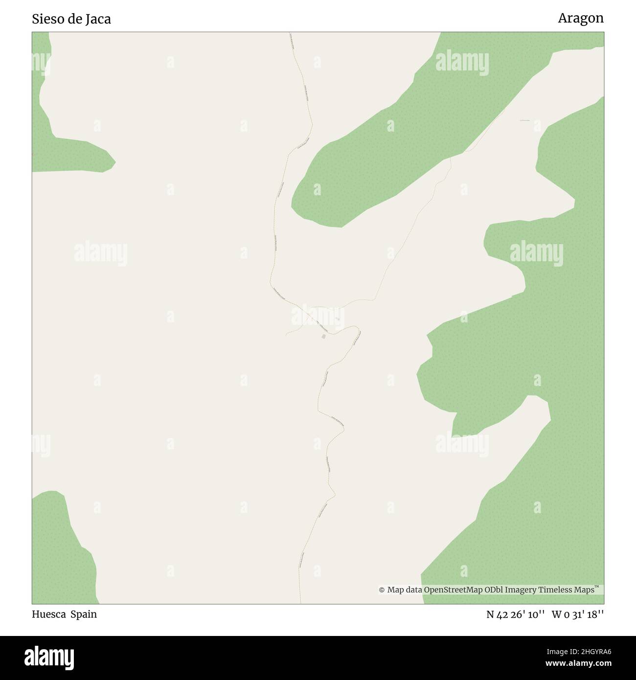 Sieso de Jaca, Huesca, Spain, Aragon, N 42 26' 10'', W 0 31' 18'', map, Timeless Map published in 2021. Travelers, explorers and adventurers like Florence Nightingale, David Livingstone, Ernest Shackleton, Lewis and Clark and Sherlock Holmes relied on maps to plan travels to the world's most remote corners, Timeless Maps is mapping most locations on the globe, showing the achievement of great dreams Stock Photo