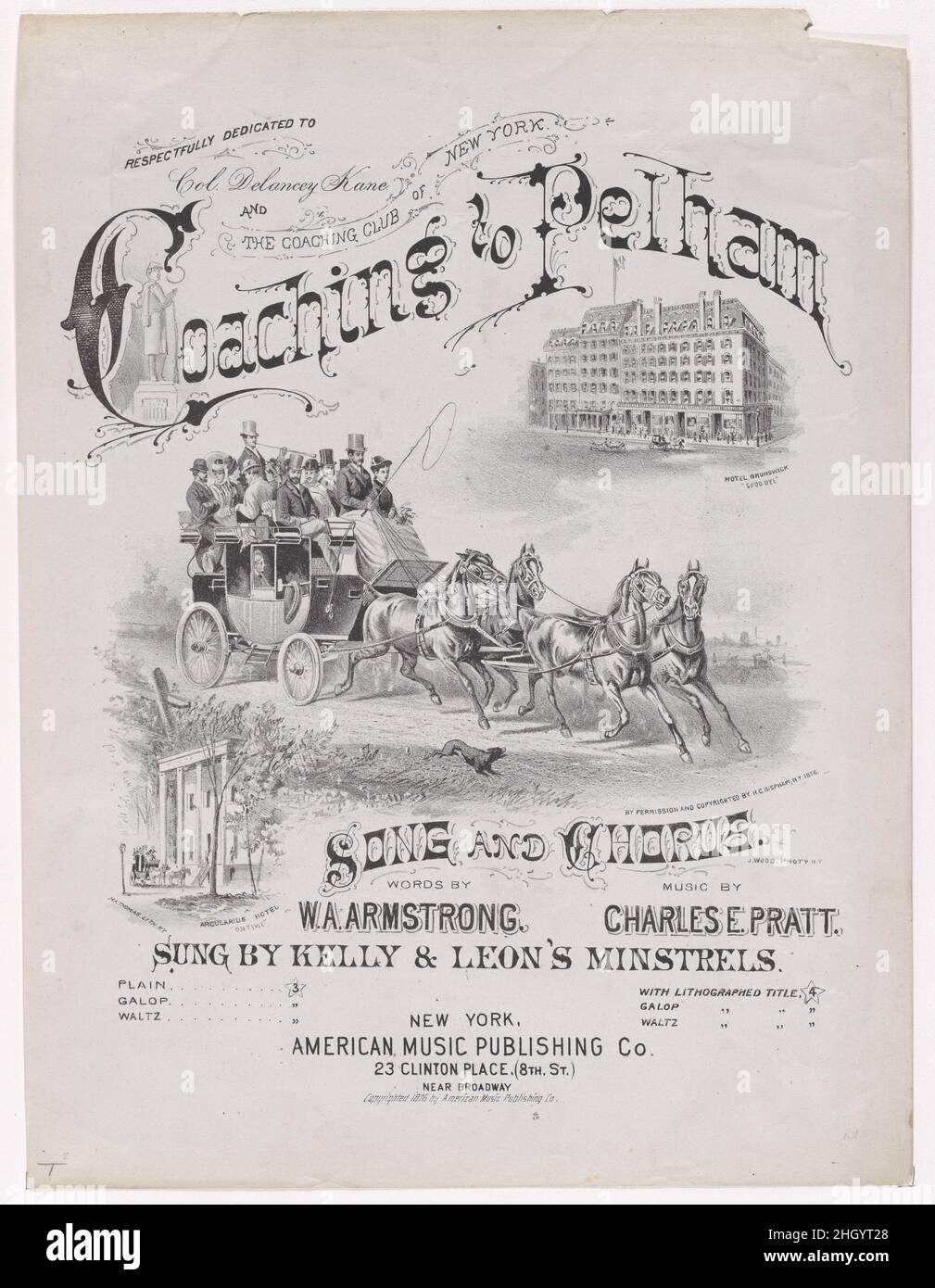 Coaching to Pelham (Sheet music cover) 1876 American Music Publishing Company American This music sheet cover shows a coach pulled by four horses and loaded with passengers. Its route from Manhattan to Pelham is indicated by the Hotel Broadway above and the Arcularius Hotel in upstate New York below. The image is dedicated to Colonel Delancey Kane and the Coaching Club of New York.. Coaching to Pelham (Sheet music cover). 1876. Lithograph. American Music Publishing Company (New York, NY). Prints Stock Photo