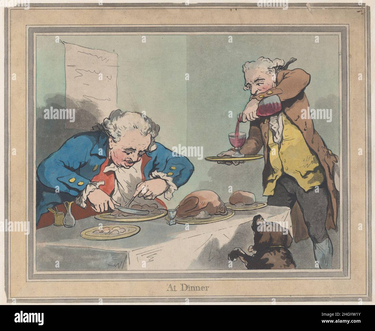 At Dinner November 5, 1792 Thomas Rowlandson. At Dinner. Different Sensations, No. 3. Thomas Rowlandson (British, London 1757–1827 London). November 5, 1792. Hand-colored etching and aquatint. S. W. Fores (London). Prints Stock Photo