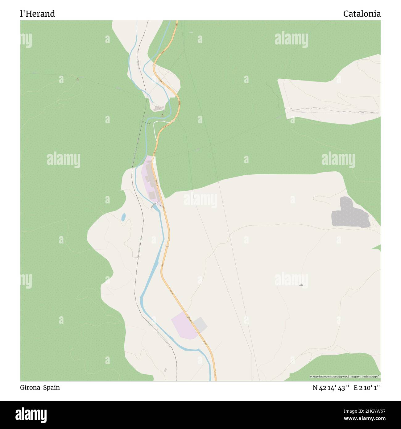 l'Herand, Girona, Spain, Catalonia, N 42 14' 43'', E 2 10' 1'', map, Timeless Map published in 2021. Travelers, explorers and adventurers like Florence Nightingale, David Livingstone, Ernest Shackleton, Lewis and Clark and Sherlock Holmes relied on maps to plan travels to the world's most remote corners, Timeless Maps is mapping most locations on the globe, showing the achievement of great dreams Stock Photo