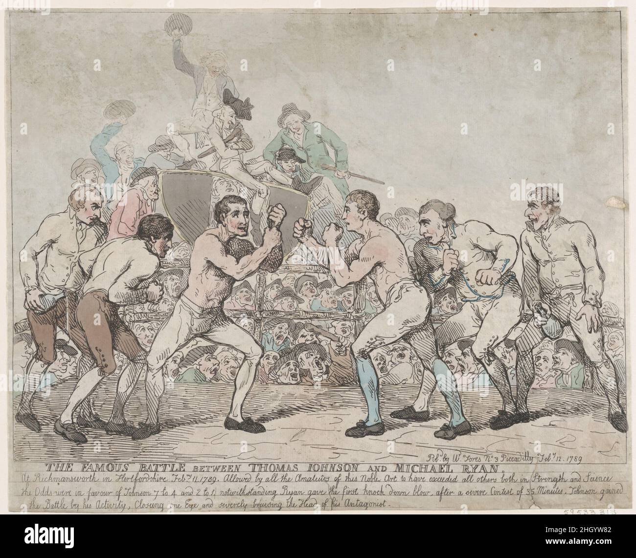 The Famous Battle Between Thomas Johnson and Michael Ryan, February 11, 1789 February 12, 1789 Attributed to Thomas Rowlandson In this boxing match the renowned English fighter Tom Johnson opposes the Irishman Michael Ryan. They had met previously in December 1787 at Wraysbury, Buckinghamshire with a disputed outcome. This much anticipated rematch was held at Rabbit Dell in Cassiobury Park, Hertfordshire, on February 11, 1789, for prize money of six hundred guineas. Johnson's second was Richard Humphreys and John Jackson acted as his bottle holder (both well-known boxers). Ryan's second was Mr Stock Photo