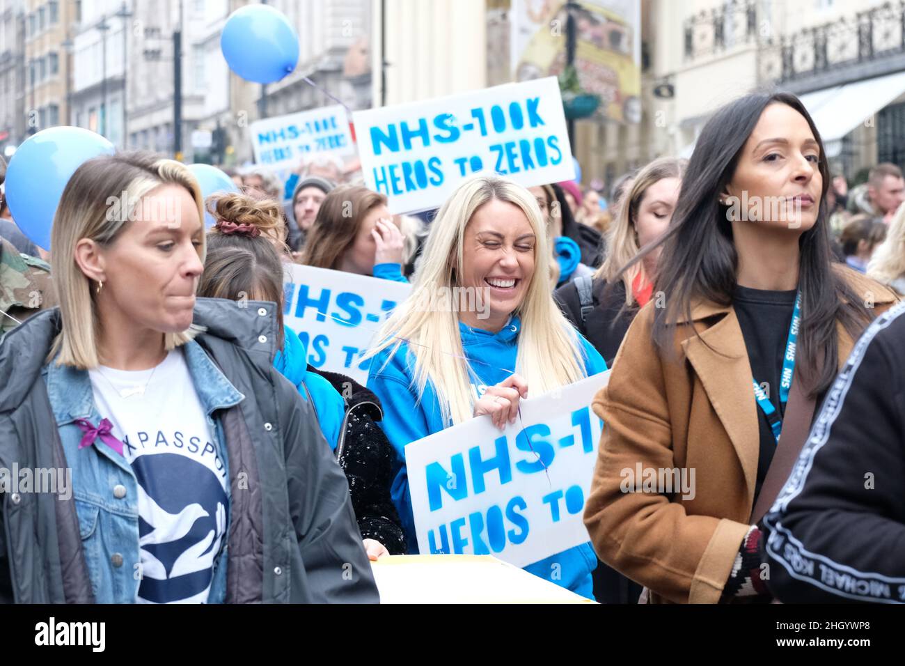 London, UK, 22nd Jan, 2022.  National Health Service workers supported by campaign group NHS100K took part  in rally for medical freedom.  Up to 100,000 unvaccinated staff face dismissal by April 1st unless agreeing to take the first dose of the vaccine by 3rd February at the latest. Credit: Eleventh Hour Photography/Alamy Live News Stock Photo