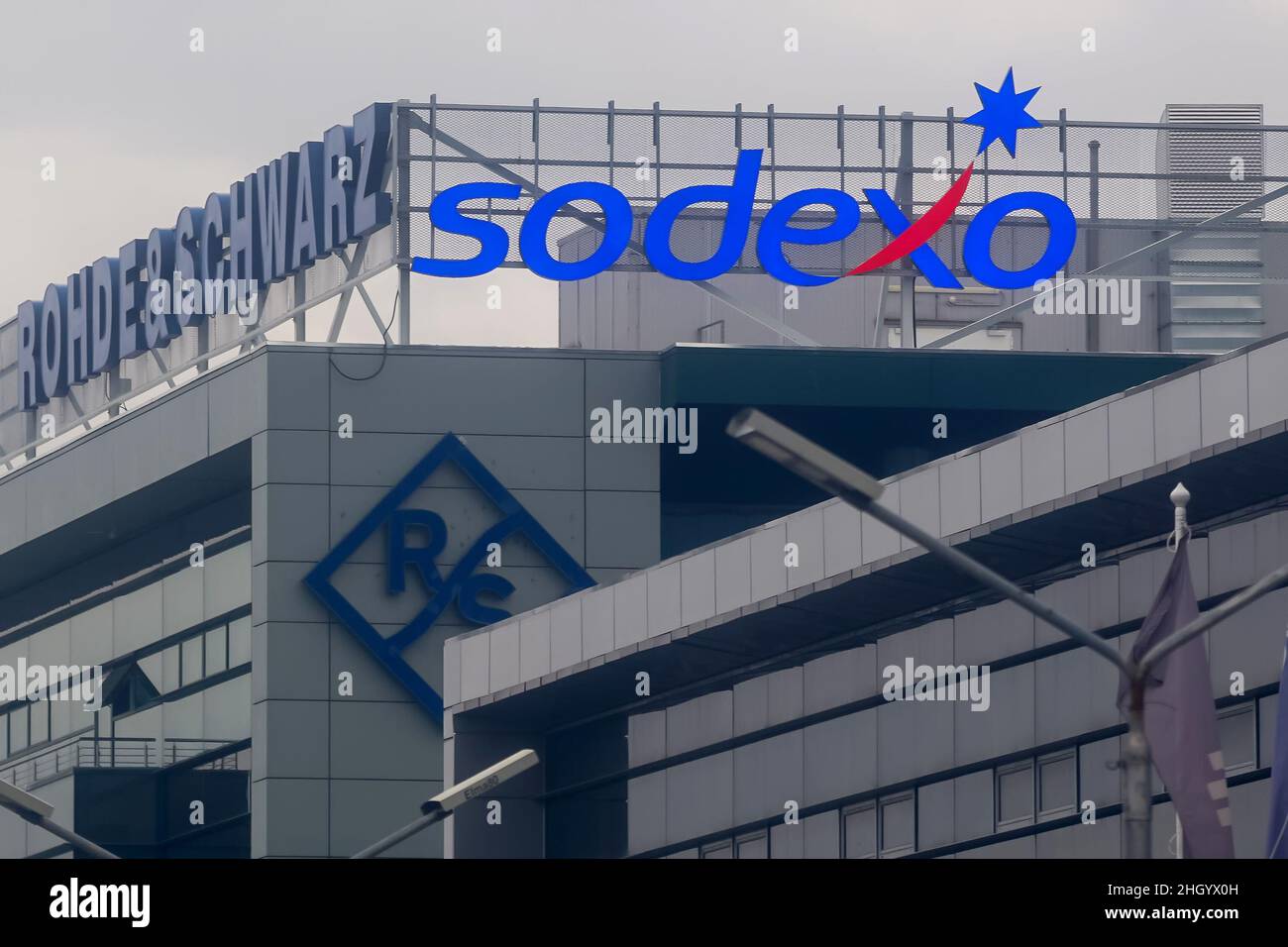 Bucharest, Romania - January 12, 2022: The logo of French food services and facilities management company Sodexo is seen on the top of a building, in Stock Photo