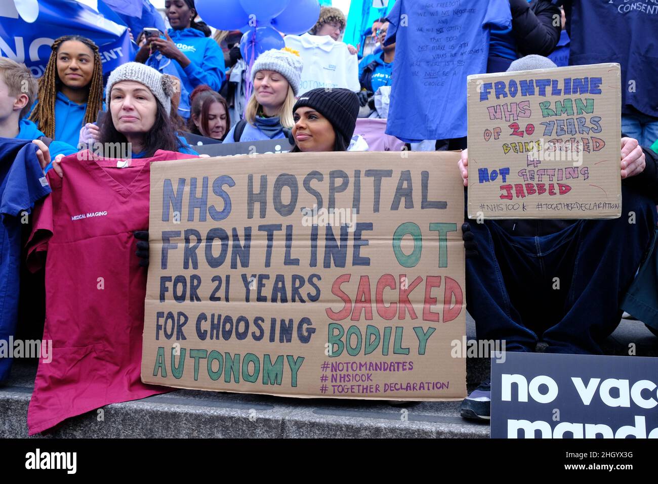 London, UK, 22nd Jan, 2022.  National Health Service workers supported by campaign group NHS100K took part  in rally for medical freedom.  Up to 100,000 unvaccinated staff face dismissal by April 1st unless agreeing to take the first dose of the vaccine by 3rd February at the latest. Credit: Eleventh Hour Photography/Alamy Live News Stock Photo