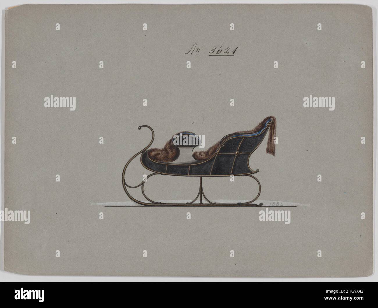Design for 4 Seat Sleigh, no. 3621 1880 Brewster & Co. American Brewster & Company HistoryEstablished in 1810 by James Brewster (1788–1866) in New Haven, Connecticut, Brewster & Company, specialized in the manufacture of fine carriages. The founder opened a New York showroom in 1827 at 53-54 Broad Street, and the company flourished under generations of family leadership. Expansion necessitated moves around lower Manhattan, with name changes reflecting shifts of management–James Brewster & Sons operated at 25 Canal Street, James Brewster Sons at 396 Broadway, and Brewster of Broome Street was b Stock Photo