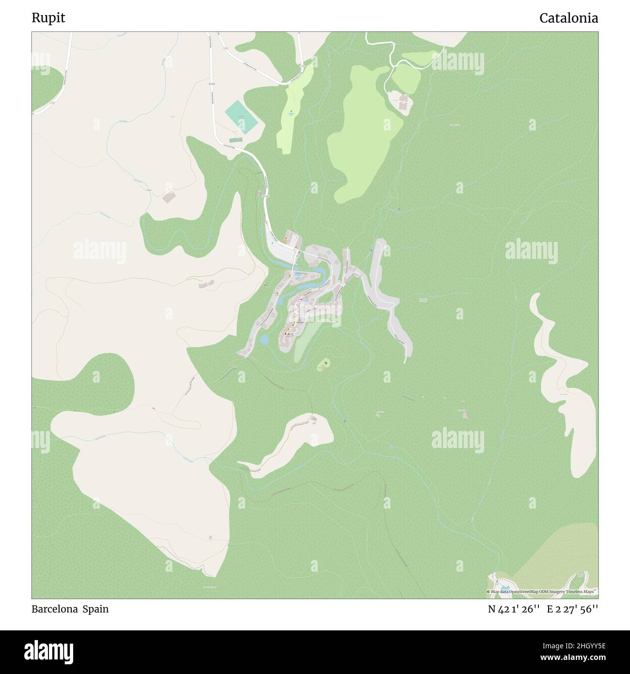 Rupit, Barcelona, Spain, Catalonia, N 42 1' 26'', E 2 27' 56'', map, Timeless Map published in 2021. Travelers, explorers and adventurers like Florence Nightingale, David Livingstone, Ernest Shackleton, Lewis and Clark and Sherlock Holmes relied on maps to plan travels to the world's most remote corners, Timeless Maps is mapping most locations on the globe, showing the achievement of great dreams Stock Photo