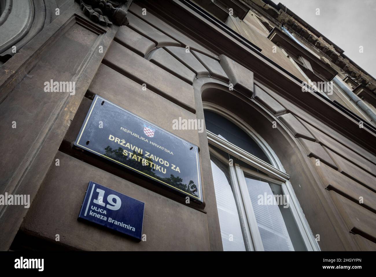 Picture of the entrance of the drzavni zavod za statistiku, on their headqurters in Zagreb. It is the croatian bureau of statistics, in charge of comp Stock Photo