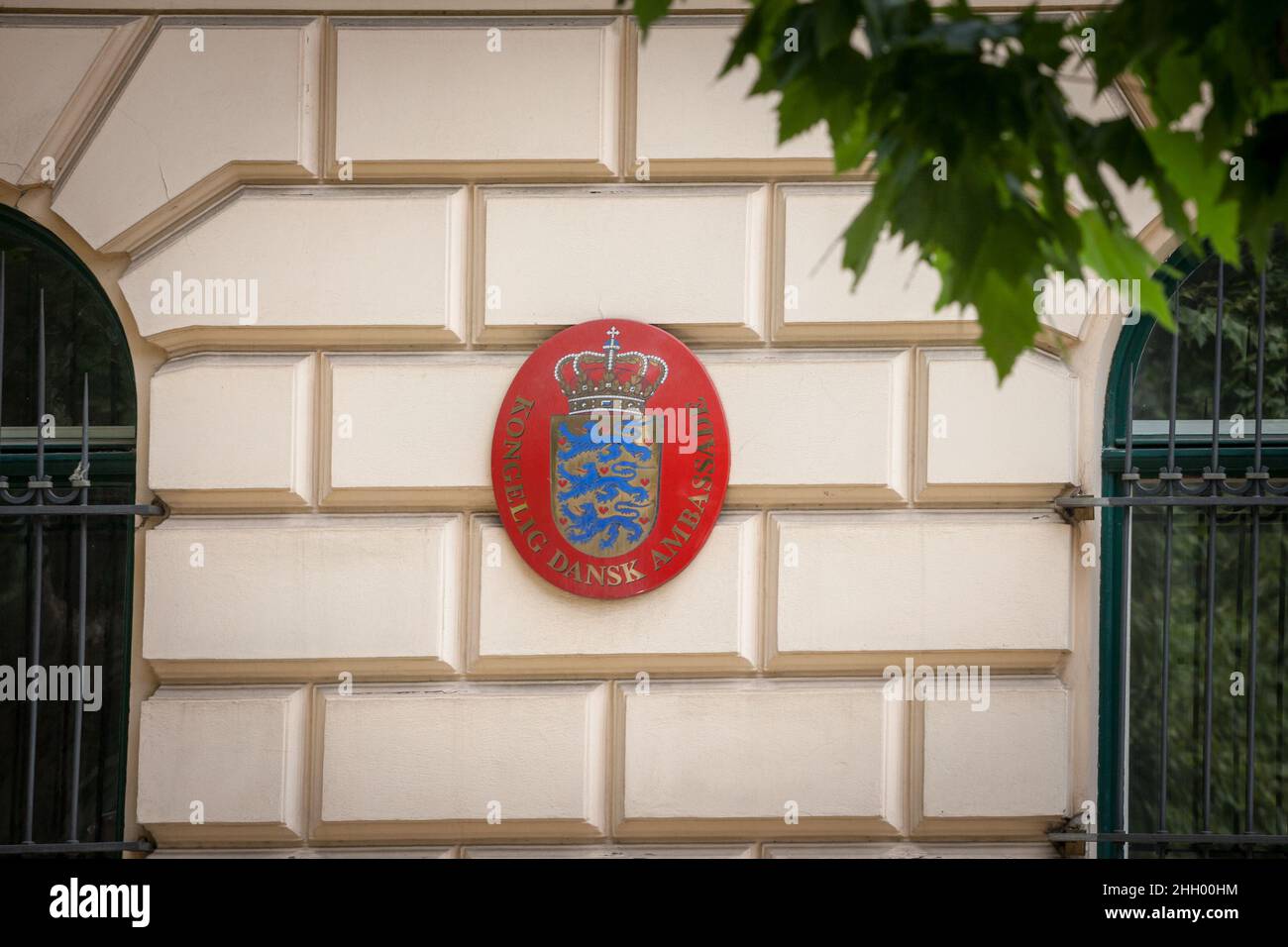 Picture of the coat of arms of Denmark in front of their embassy in downtown Zagreb, Croatia. It is the consulate and the official representation of t Stock Photo