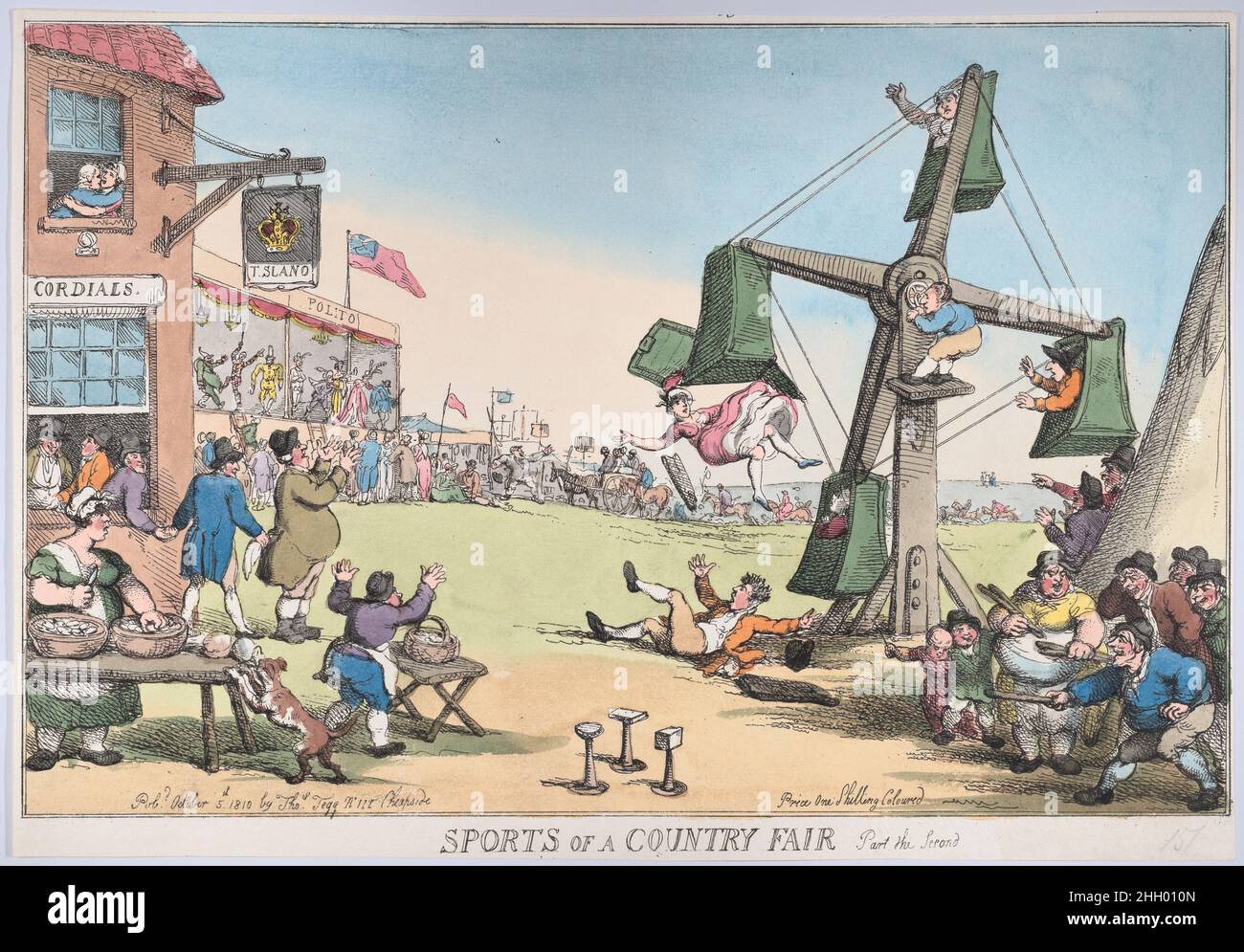 Sports of a Country Fair, Part the Second October 5, 1810 Thomas Rowlandson Part of a series. View of a fair, with booths lined up at left, and a small, malfunctioning ferris wheel at right, from which a young girl falls. The spectators look towards the accident, including a man at left who is pickpocketed.. Sports of a Country Fair, Part the Second. Thomas Rowlandson (British, London 1757–1827 London). October 5, 1810. Hand-colored etching. Thomas Tegg (British, 1776–1846). Prints Stock Photo