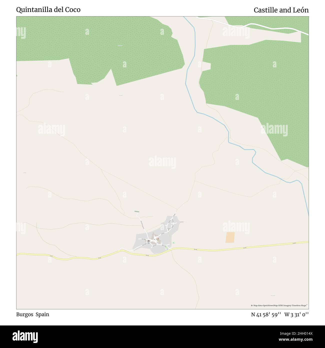 Quintanilla del Coco, Burgos, Spain, Castille and León, N 41 58' 59'', W 3 31' 0'', map, Timeless Map published in 2021. Travelers, explorers and adventurers like Florence Nightingale, David Livingstone, Ernest Shackleton, Lewis and Clark and Sherlock Holmes relied on maps to plan travels to the world's most remote corners, Timeless Maps is mapping most locations on the globe, showing the achievement of great dreams Stock Photo