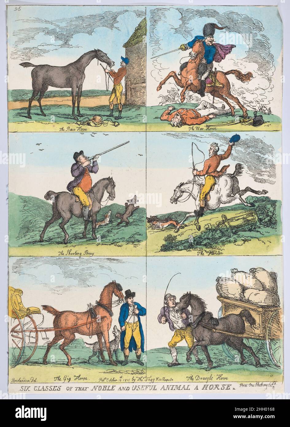 Six Classes of the Noble and Useful Animal a Horse October 10, 1811 Thomas Rowlandson Six images: The Race Horse, The War Horse, The Shooting Pony, The Hunter, The Gig Horse, and The Draught Horse.. Six Classes of the Noble and Useful Animal a Horse. Thomas Rowlandson (British, London 1757–1827 London). October 10, 1811. Hand-colored etching. Thomas Tegg (British, 1776–1846). Prints Stock Photo