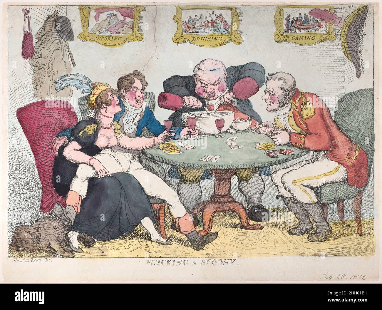 Plucking a Spoony February 28, 1812 Thomas Rowlandson A promising young 'spooney' seated at left, entering into life's dangers, represented by the framed pictures above inscribed 'Whoring,' 'Drinking,' and 'Gaming.' He sits with his legs across a woman at left. A man at center pours two bottles into a punch bowl, and a man at right deals cards.. Plucking a Spoony. Thomas Rowlandson (British, London 1757–1827 London). February 28, 1812. Hand-colored etching. Prints Stock Photo