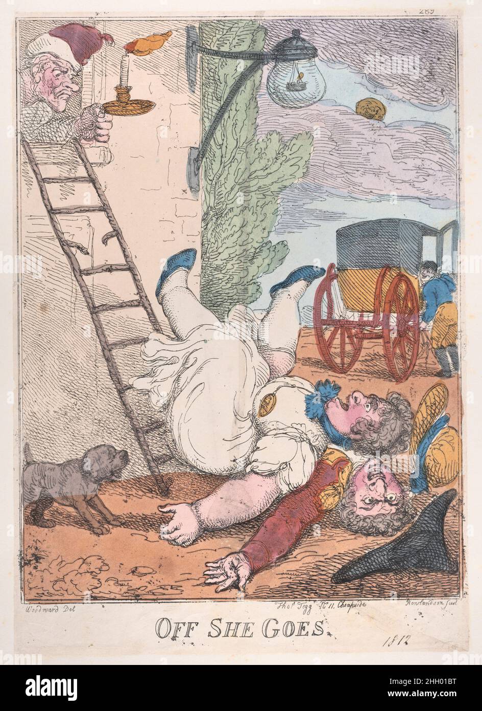 Off She Goes 1812 Thomas Rowlandson A portly woman falls from a ladder, knocking down her lover, who lies on his back beneath her. Both scream angrily, and a dog barks at them. The ladder leans against a window from which the unhappy husband looks out, holding a candle.. Off She Goes. Thomas Rowlandson (British, London 1757–1827 London). 1812. Hand-colored etching. Thomas Tegg (British, 1776–1846). Prints Stock Photo