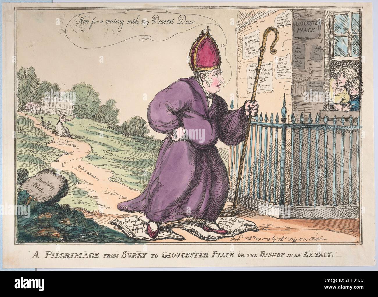 A Pilgrimage from Surry to Gloucester Place or the Bishop is an Extacty February 27, 1809 Thomas Rowlandson The Duke of York in pilgrim’s robe, rushing from his country home at Oatlands, Surrey, to Mrs Clarke and Miss Taylor in Gloucester Place, Chelsea. A Pilgrimage from Surry to Gloucester Place or the Bishop is an Extacty. Thomas Rowlandson (British, London 1757–1827 London). February 27, 1809. Hand-colored etching. Thomas Tegg (British, 1776–1846). Prints Stock Photo