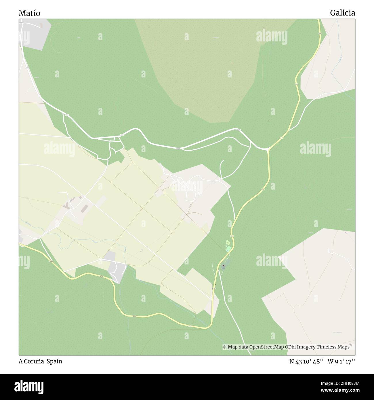 Matío, A Coruña, Spain, Galicia, N 43 10' 48'', W 9 1' 17'', map, Timeless Map published in 2021. Travelers, explorers and adventurers like Florence Nightingale, David Livingstone, Ernest Shackleton, Lewis and Clark and Sherlock Holmes relied on maps to plan travels to the world's most remote corners, Timeless Maps is mapping most locations on the globe, showing the achievement of great dreams Stock Photo