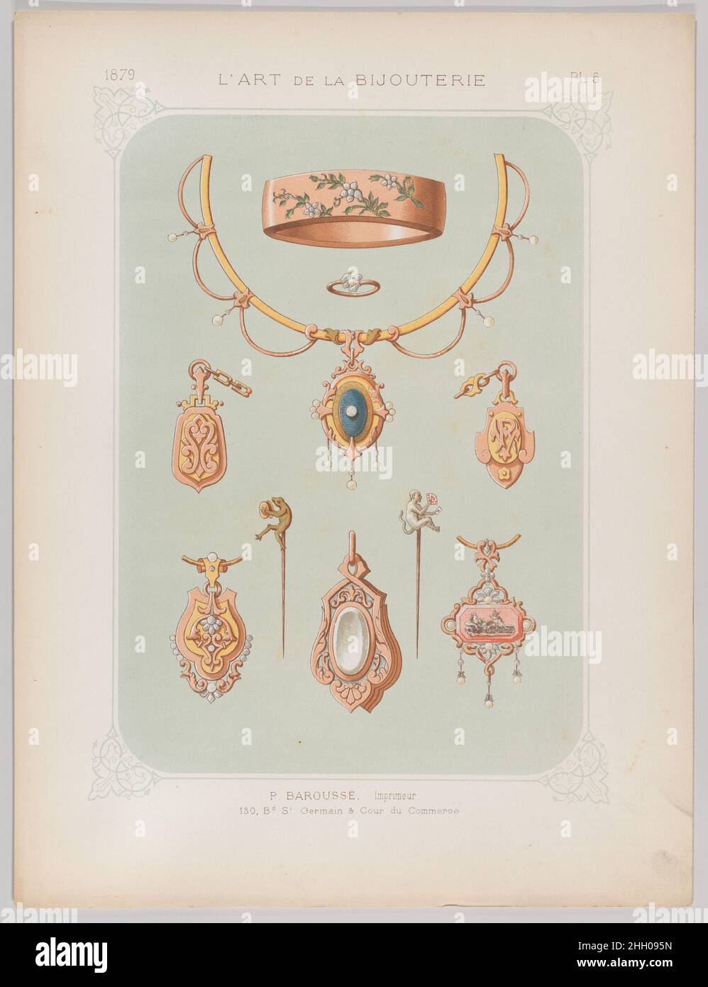 Jewelry Designs in Gold and Rose Gold, Plate 5 from 'L'Art de la Bijouterie' 1879 Jean Francois Barousse Plate with designs for jewelry in gold and rose gold, combined with decorations in enamel and pearls. The plate contains ten designs presented on a green background. At top are depicted a bracelet, a ring and a necklace. The lower half shows five pendants, of which two for a watch chain, and three for a necklace, as well as two pins, one decorated with a frog playing cymbals and the other with a satyr playing cards. This plate is part of a portfolio with designs for jewelry other small item Stock Photo