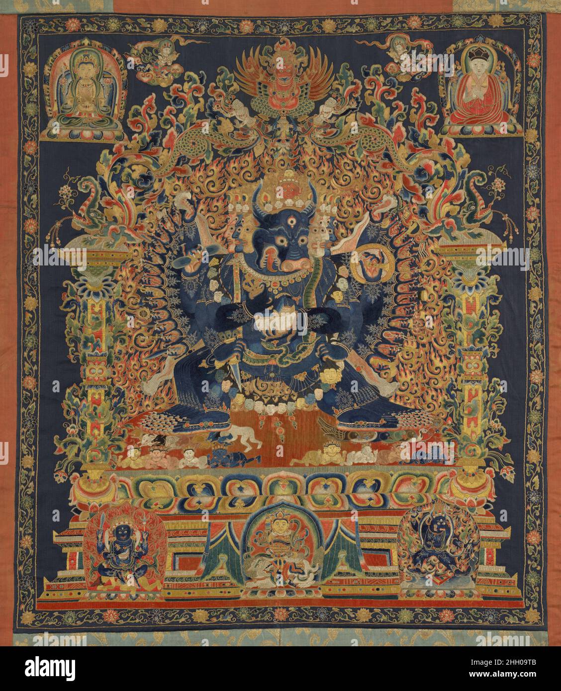 The Deity Vajrabhairava, Tantric Form of the Bodhisattva Manjushri early 15th century China The most popular tantric manifestation of Manjushri is Vajrabhairava. Here, he has a buffalo head, holds an array of weapons, and tramples on birds, dogs, and Hindu gods. In this form, he is sometimes called Yamantaka, or the defeater of death, a deity that ends the cycle of rebirth and provides a path to nirvana. He frightens away egotism and selfishness—the root of suffering—and in this true form reveals the awesome and terrifying nature of enlightenment. For this extraordinary embroidery, the artist Stock Photo
