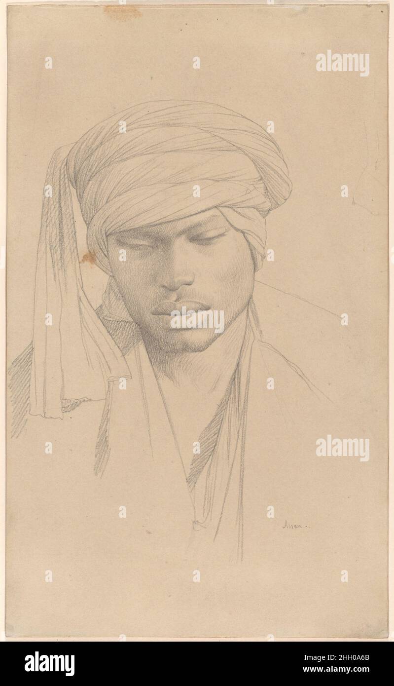 Assan, a Young Man ca. 1855–56 Jean-Léon Gérôme In 1855?56, Gérôme visited Egypt for the first time and spent four months traveling down the Nile. This drawing belongs to a series of sensitively observed ethnographic portraits he made throughout his journey. This extremely refined portrait of a turbaned man with a downcast gaze exemplifies Gérôme’s elegant and exacting draftsmanship.. Assan, a Young Man. Jean-Léon Gérôme (French, Vesoul 1824–1904 Paris). ca. 1855–56. Graphite. Drawings Stock Photo