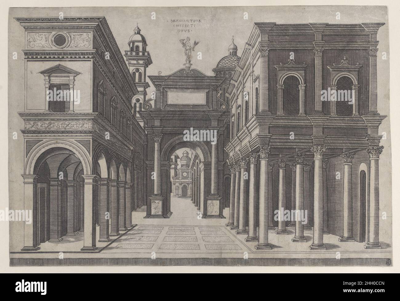 A street with various buildings, colonnades and an arch 1475–1510 Donato d'Agnolo Bramante. A street with various buildings, colonnades and an arch. Donato d'Agnolo Bramante (Italian, 1444–1515). 1475–1510. Engraving. Prints Stock Photo