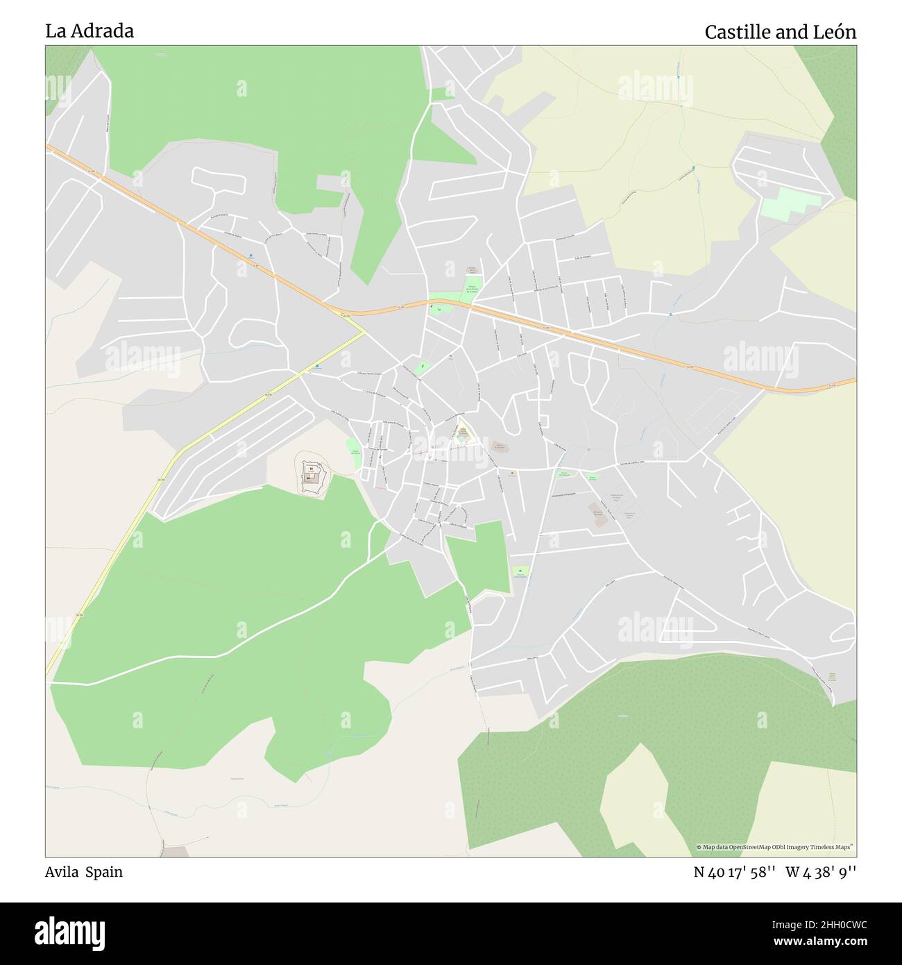 La Adrada, Avila, Spain, Castille and León, N 40 17' 58'', W 4 38' 9'', map, Timeless Map published in 2021. Travelers, explorers and adventurers like Florence Nightingale, David Livingstone, Ernest Shackleton, Lewis and Clark and Sherlock Holmes relied on maps to plan travels to the world's most remote corners, Timeless Maps is mapping most locations on the globe, showing the achievement of great dreams Stock Photo