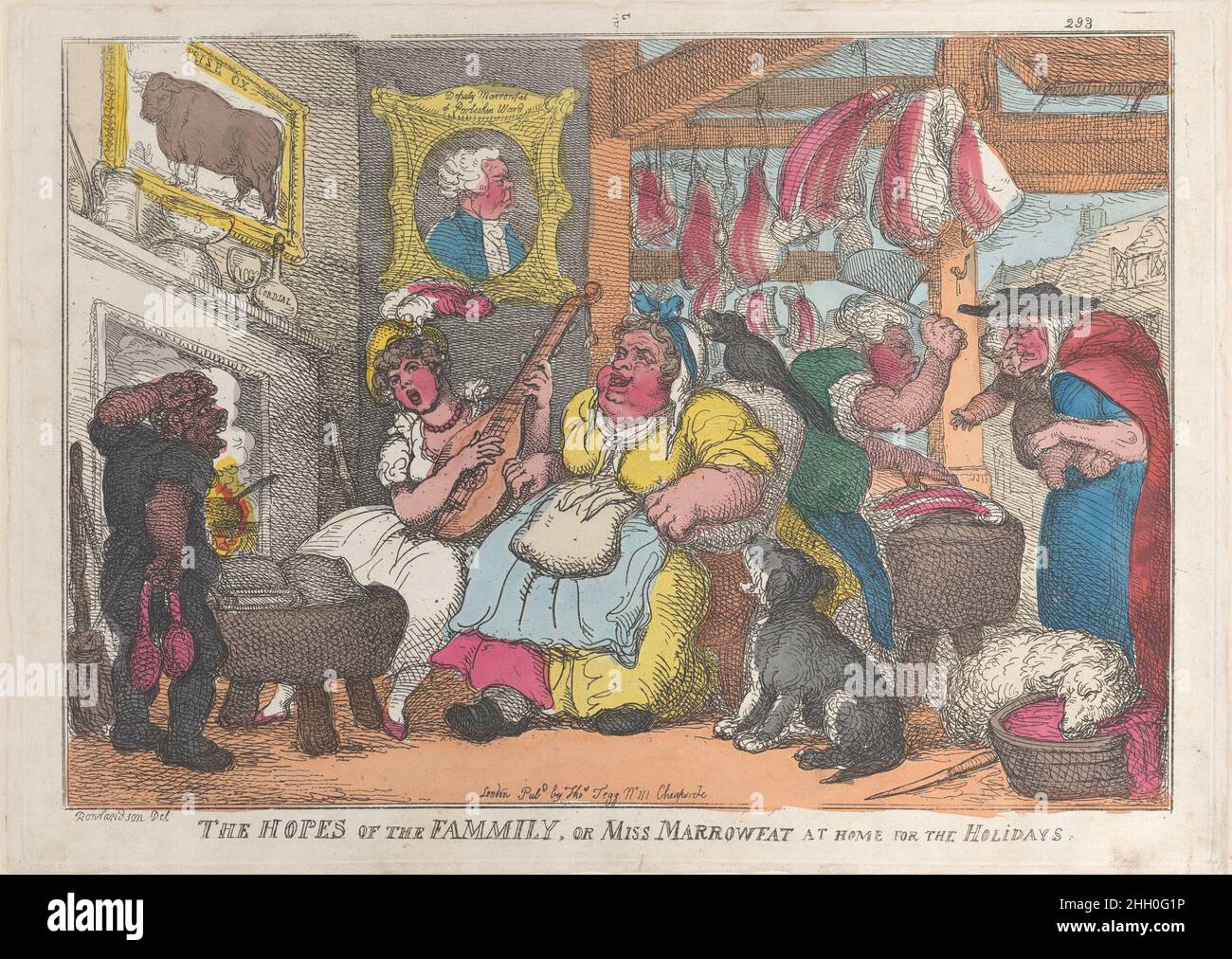 The Hopes of the Family, or Miss Marrowfat at Home for the Holidays 1809–13 Thomas Rowlandson Mrs. Marrowfat is seated in an armchair at center, enjoying the music being played next to her. A butcher is behind her at right selling cuts of meat.. The Hopes of the Family, or Miss Marrowfat at Home for the Holidays. Thomas Rowlandson (British, London 1757–1827 London). 1809–13. Hand-colored etching. Thomas Tegg (British, 1776–1846). Prints Stock Photo