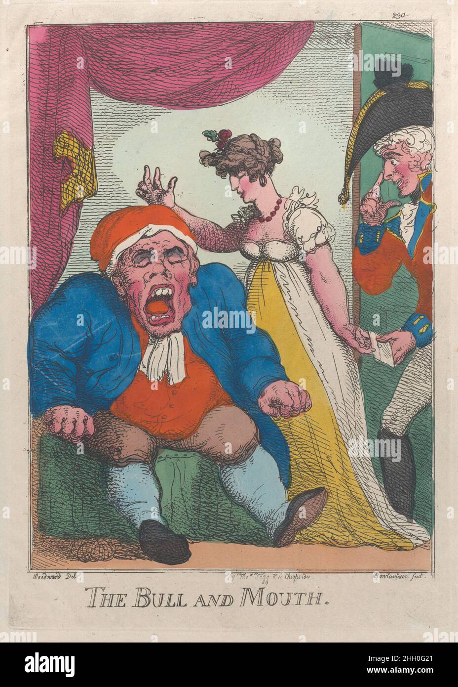 The Bull and Mouth 1808–09 Thomas Rowlandson At left there is an elderly overweight man sitting an an armchair. His wife stands behind him and motions to signify horns above his head, while she slips a letter into the hand of a handsome military officer standing in the doorway at right.. The Bull and Mouth. Thomas Rowlandson (British, London 1757–1827 London). 1808–09. Hand-colored etching; reprint. Thomas Tegg (British, 1776–1846). Prints Stock Photo