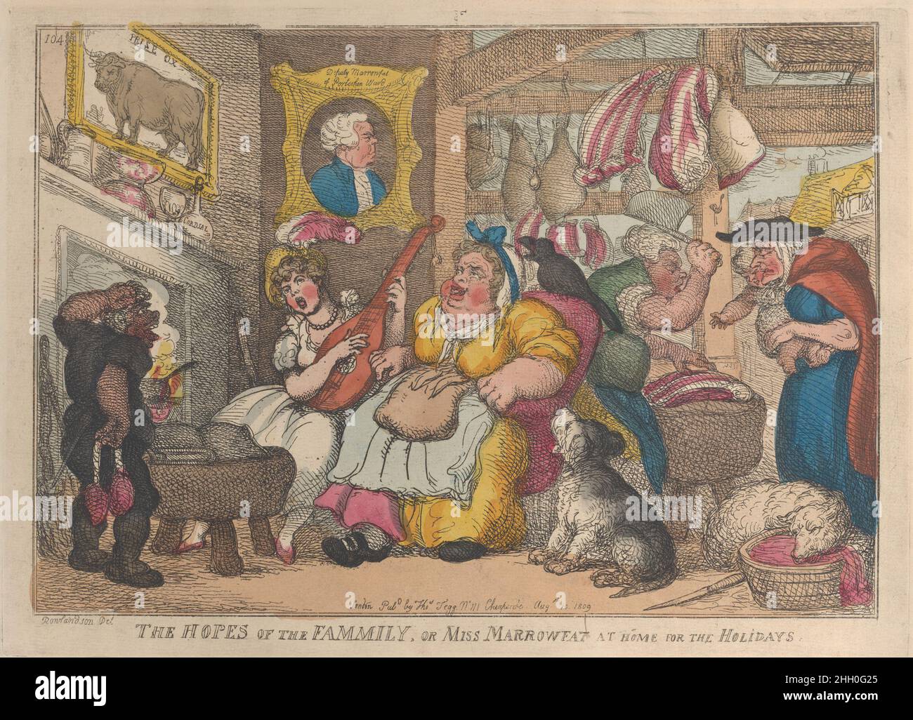 The Hopes of the Family, or Miss Marrowfat at Home for the Holidays August 10, 1809 Thomas Rowlandson Mrs. Marrowfat is seated in an armchair at center, enjoying the music being played next to her. A butcher is behind her at right selling cuts of meat.. The Hopes of the Family, or Miss Marrowfat at Home for the Holidays. Thomas Rowlandson (British, London 1757–1827 London). August 10, 1809. Hand-colored etching. Thomas Tegg (British, 1776–1846). Prints Stock Photo