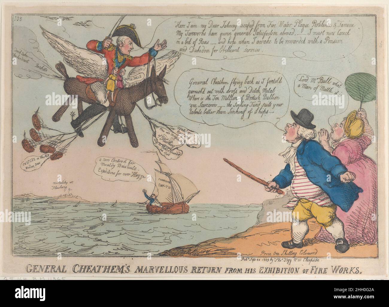 General Cheathem's Marvellous Return from His Exhibition of Fire Works September 24, 1809 Thomas Rowlandson At left, Lord Chatham, with his sword drawn, flies across the Channel towards the English coast on a wooden horse with feathered wings. Chatham addresses John Bull and his wife who stand on the shore (right) looking up at him: 'Here I am my Dear Johnny escaped from Fire, Water, Plague, Pestilence & Famine My Fireworks have given general Satisfaction abroad,—I must now Couch on a bed of Roses— and hope when I awake to be rewarded with a Pension and Dukedom for brilliant Services.' John ho Stock Photo